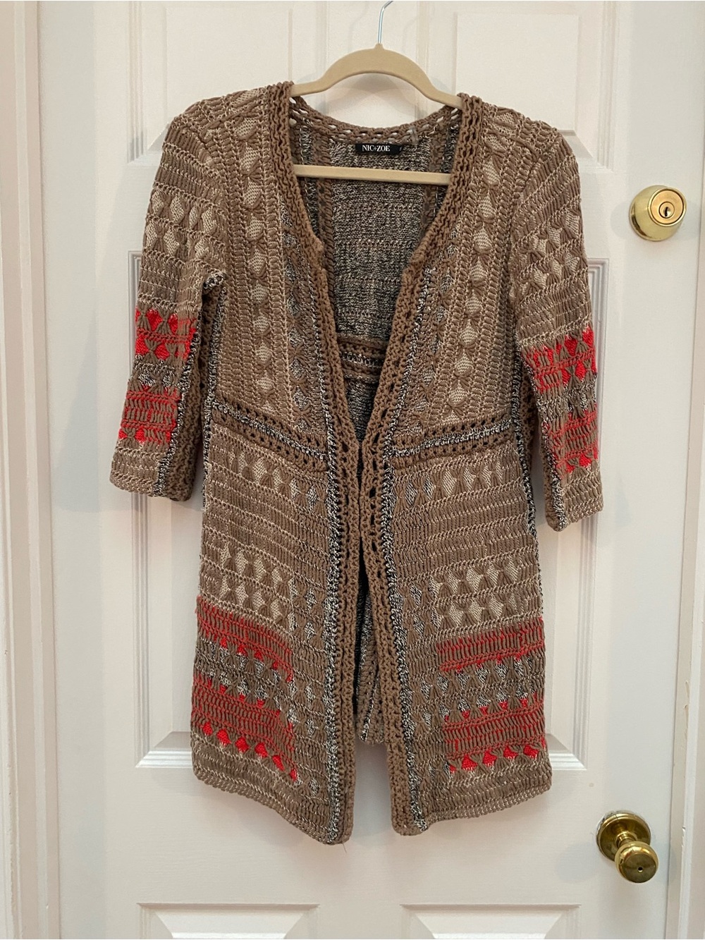 NIC+ZOE Tan Mixed Knit Open-Front Cardigan w Geometric Orange/Red Accents - M
